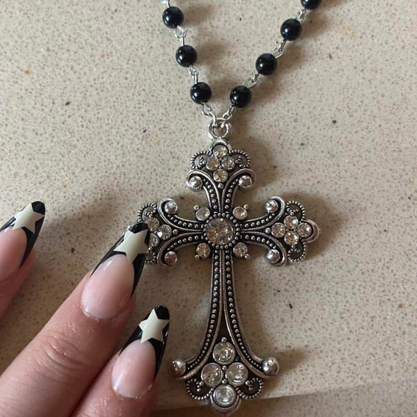 oversized crucifix beaded necklace