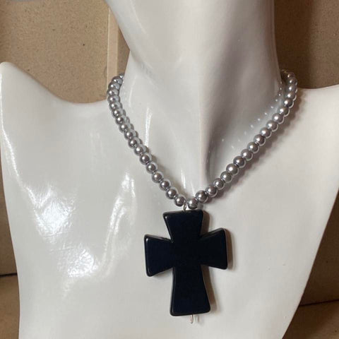chunky oversized black cross bead necklace