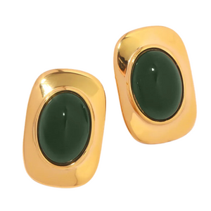 chunky oversized oval green bead earrings in gold