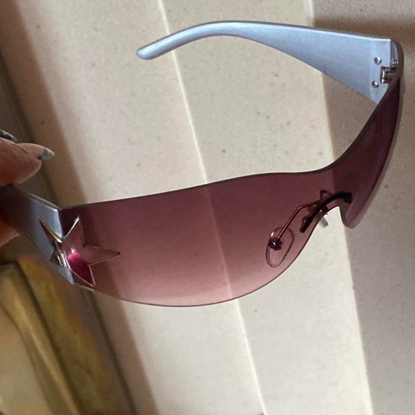 pink lens silver sporty wrap around sporty sunglasses