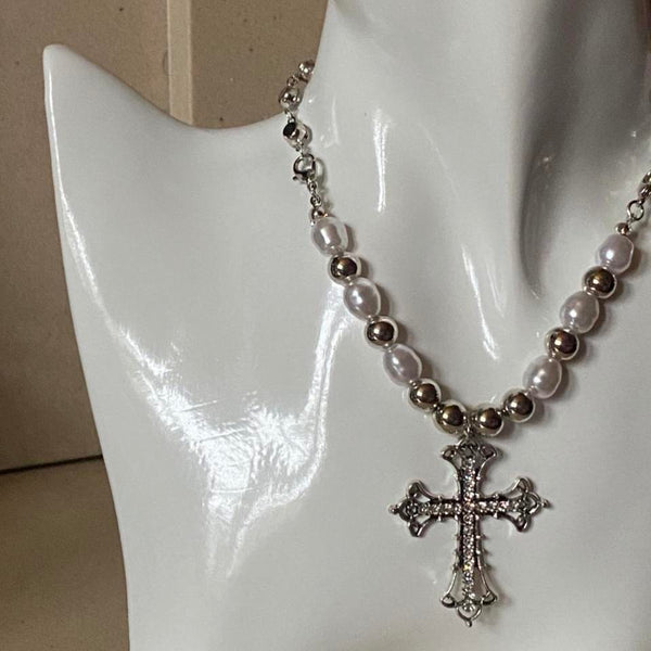 chunky silver crucifix pearl bead necklace