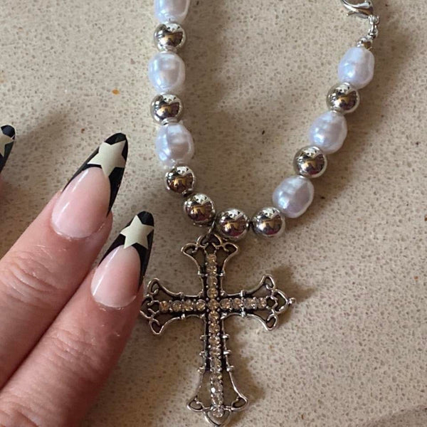 chunky silver crucifix pearl bead necklace