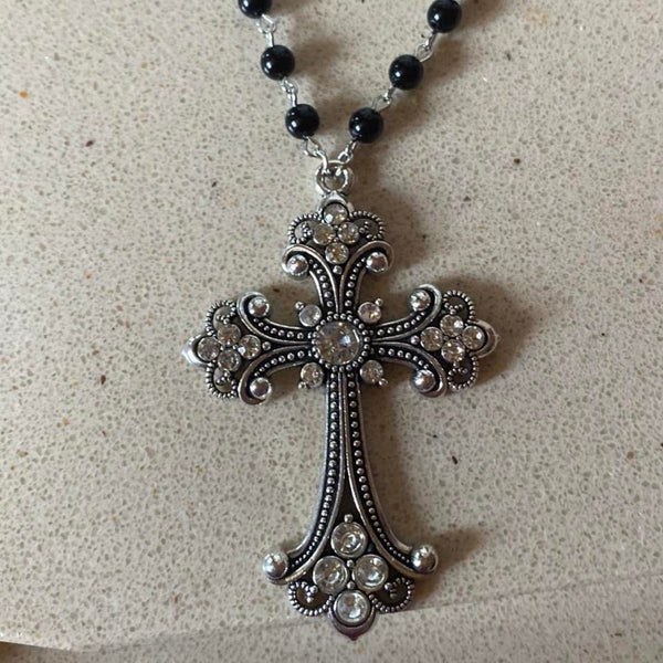 oversized crucifix beaded necklace