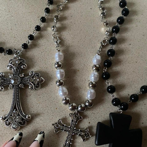 oversized crucifix beaded necklace