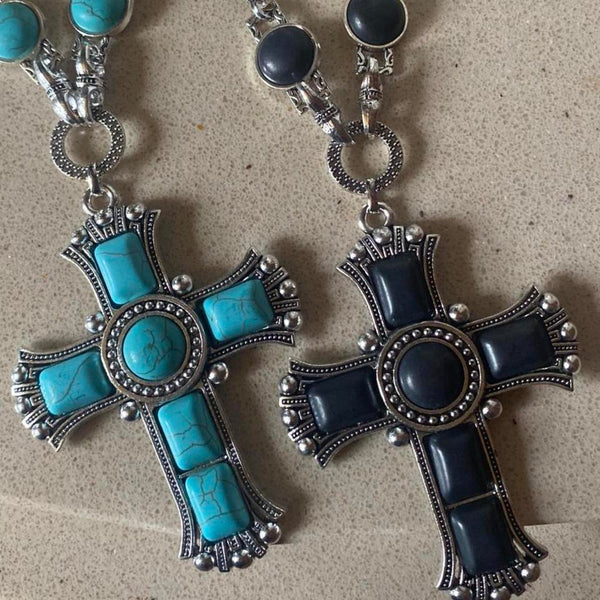 large turquoise blue stone crucifix necklace