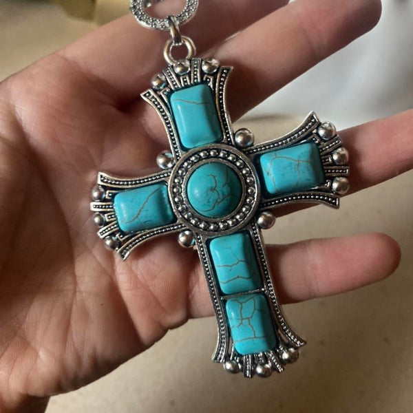 large turquoise blue stone crucifix necklace