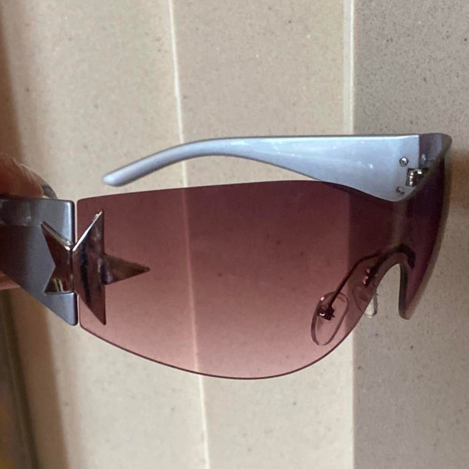 pink lens silver sporty wrap around sporty sunglasses