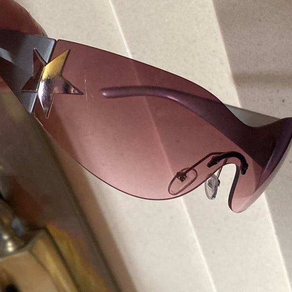 pink lens silver sporty wrap around sporty sunglasses