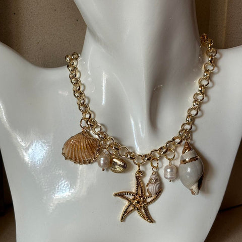 gold charm shell necklace