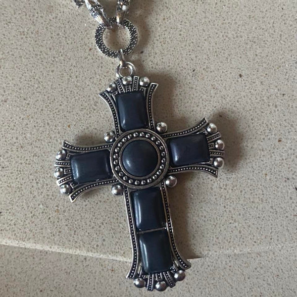 large black stone crucifix necklace