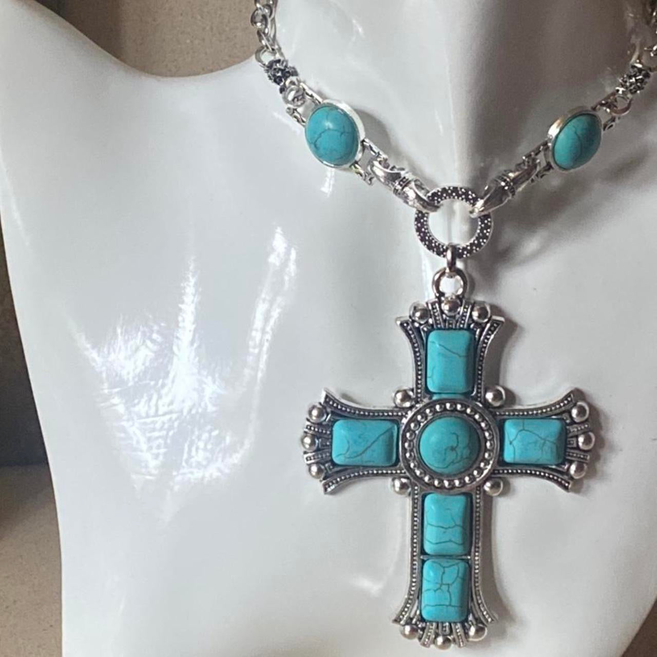 large turquoise blue stone crucifix necklace