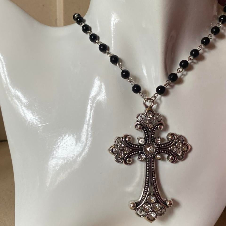 oversized crucifix beaded necklace