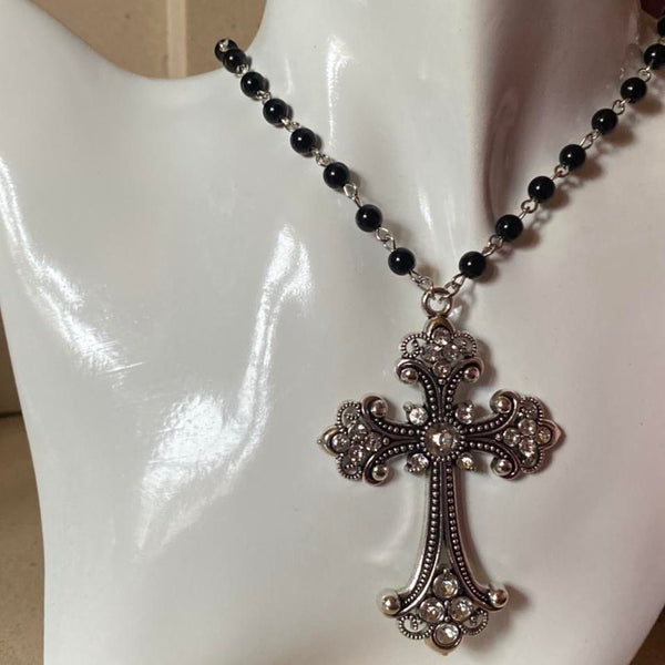 oversized crucifix beaded necklace