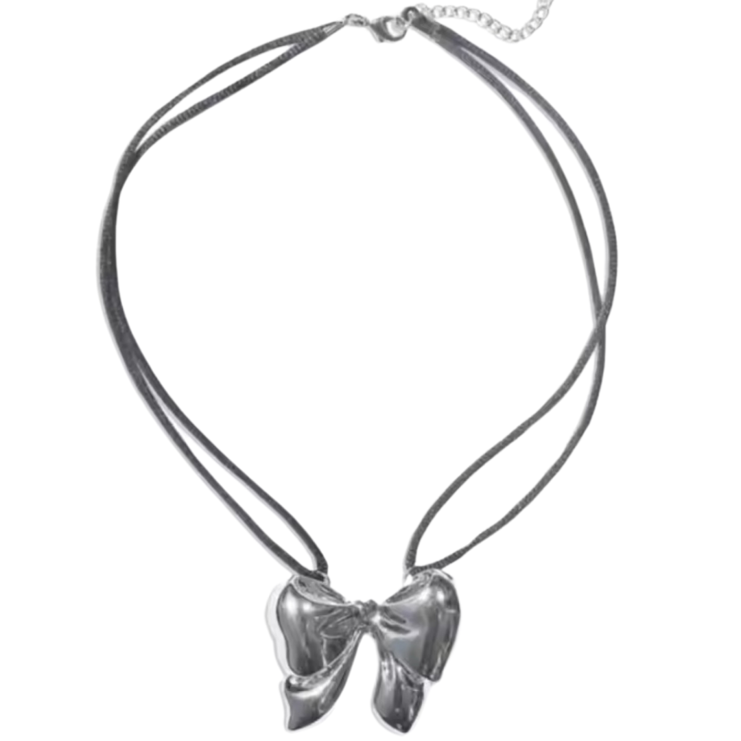 oversized silver ribbon bow necklace