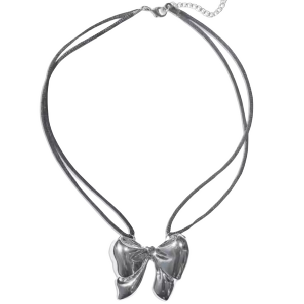 oversized silver ribbon bow necklace