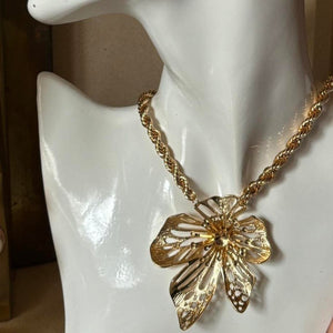 oversized tropical flower necklace gold