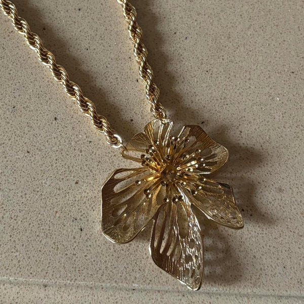 oversized tropical flower necklace gold