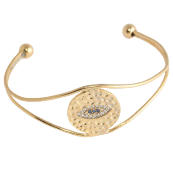 evil eye hammered bangle in gold