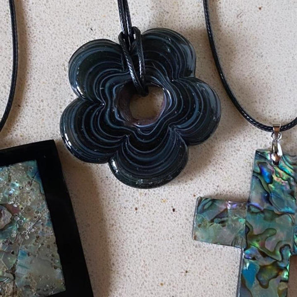 extra large black glass flower necklace