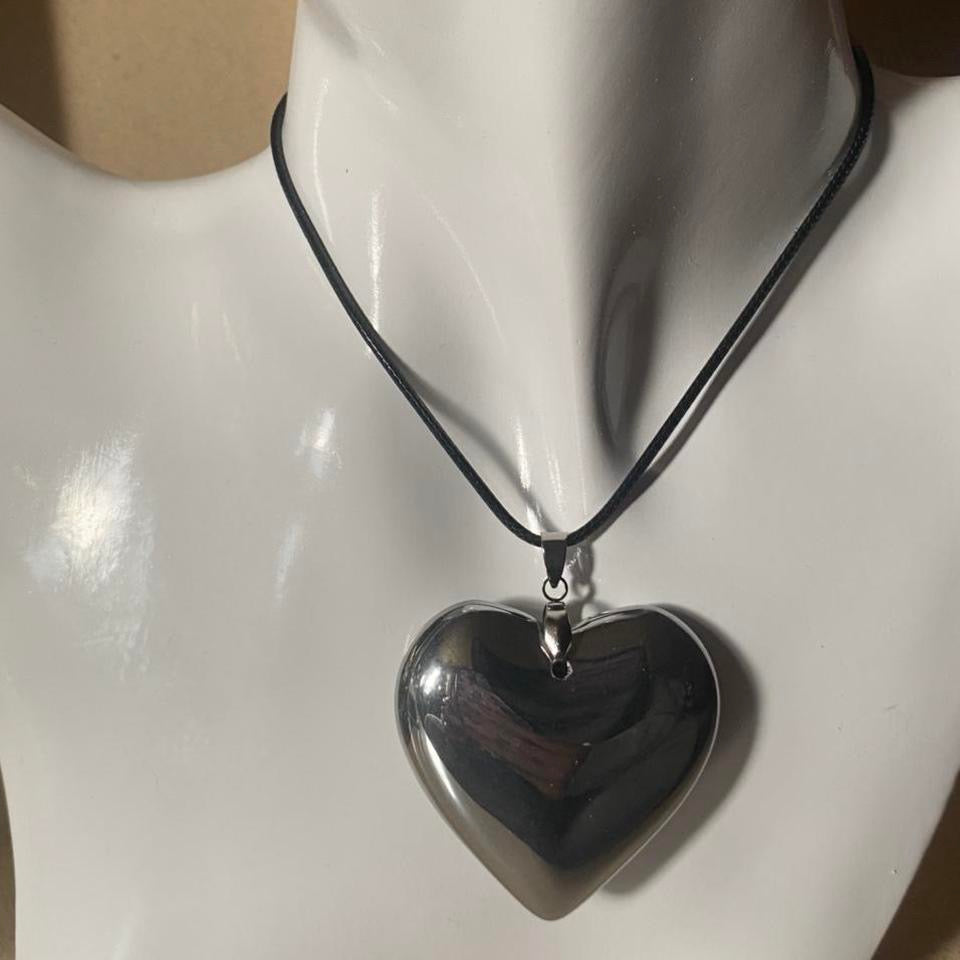 large silver chrome puff heart pendant cord necklace