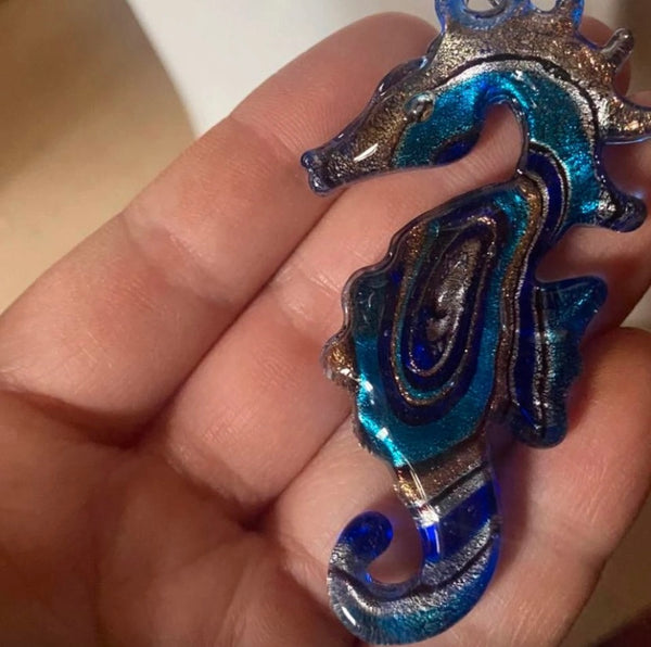 blue seahorse glass necklace