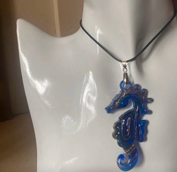 blue seahorse glass necklace